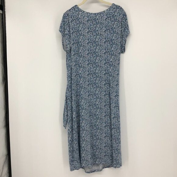 LOFT Light blue white dotted side gather short sleeve rayon midi sheath dress L - Picture 13 of 14